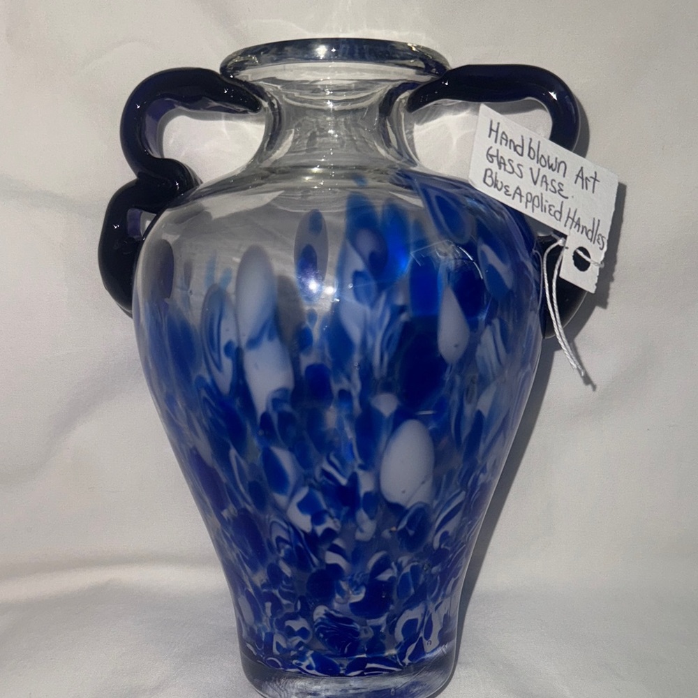 Handblown Art Glass Vase with Blue Handles